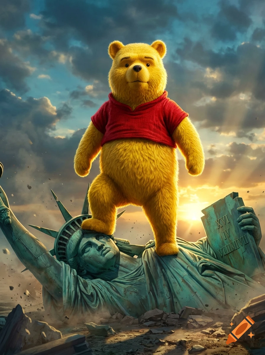 A large yellow bear in a red shirt standing with one foot on the head of the fallen Statue of Liberty in a dramatic, cinematic photorealistic style.