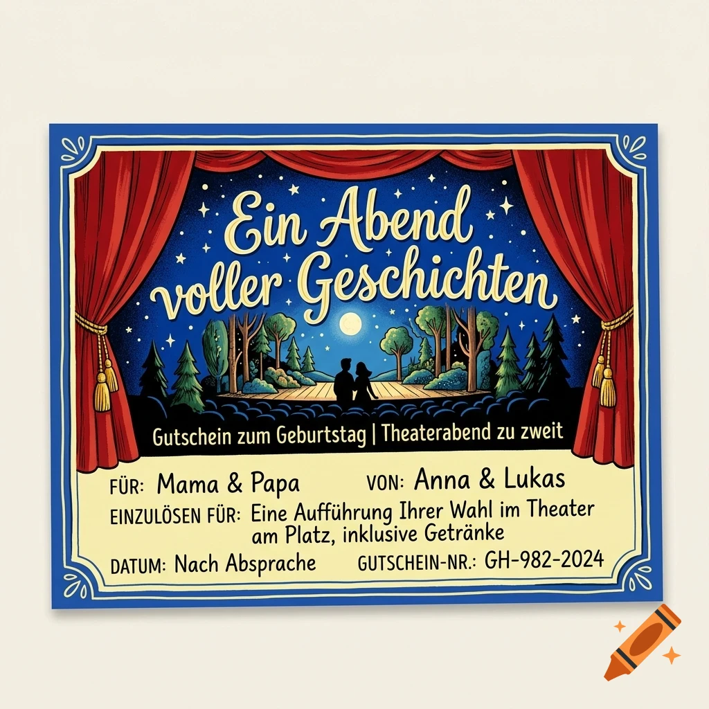 A gift voucher with a theater stage design, featuring red curtains, a starry night sky with trees, silhouettes of two people, and German text.
