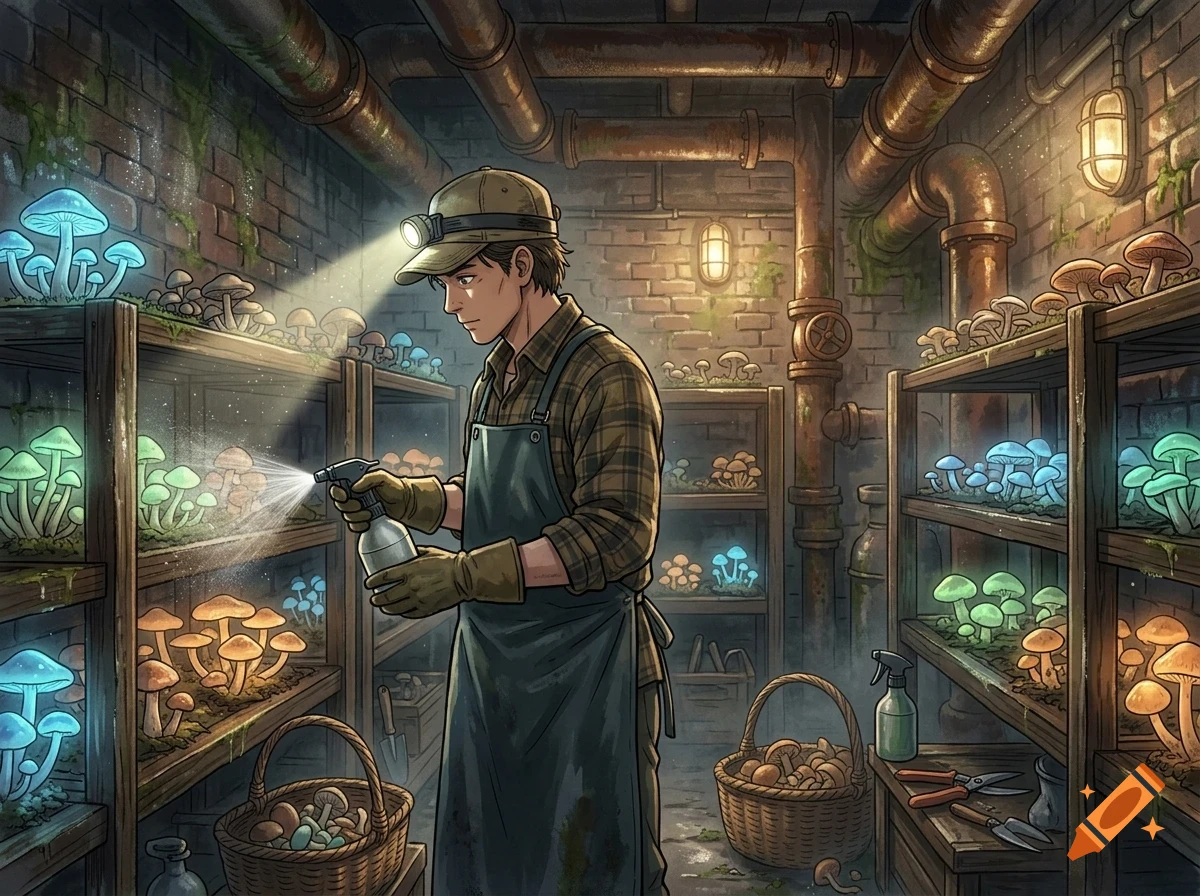 An illustrated worker in a basement or cellar wearing a headlamp and apron, spraying glowing mushrooms on wooden shelves.