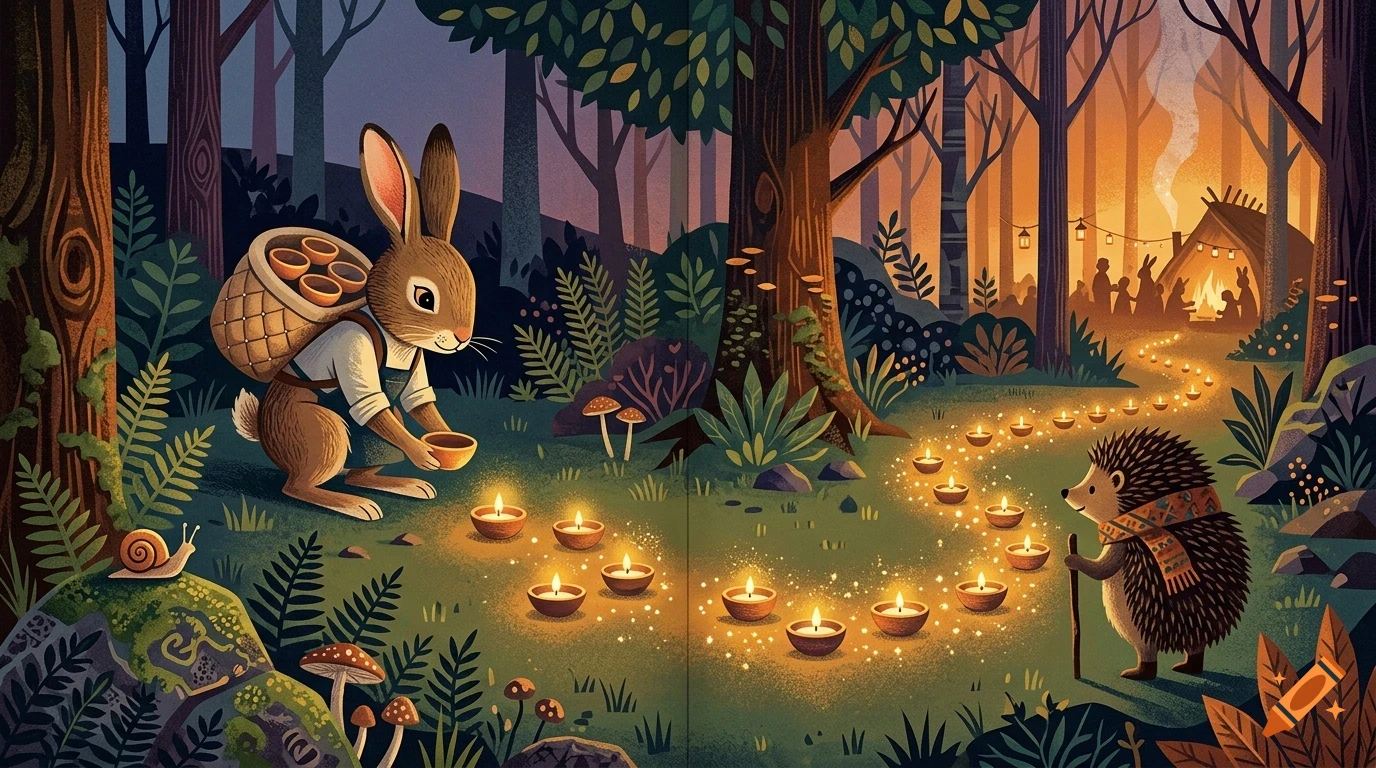 An anthropomorphic rabbit carrying a basket places a glowing candle along a path in a magical forest, while a hedgehog holds a walking stick and other animals gather near a distant campfire.