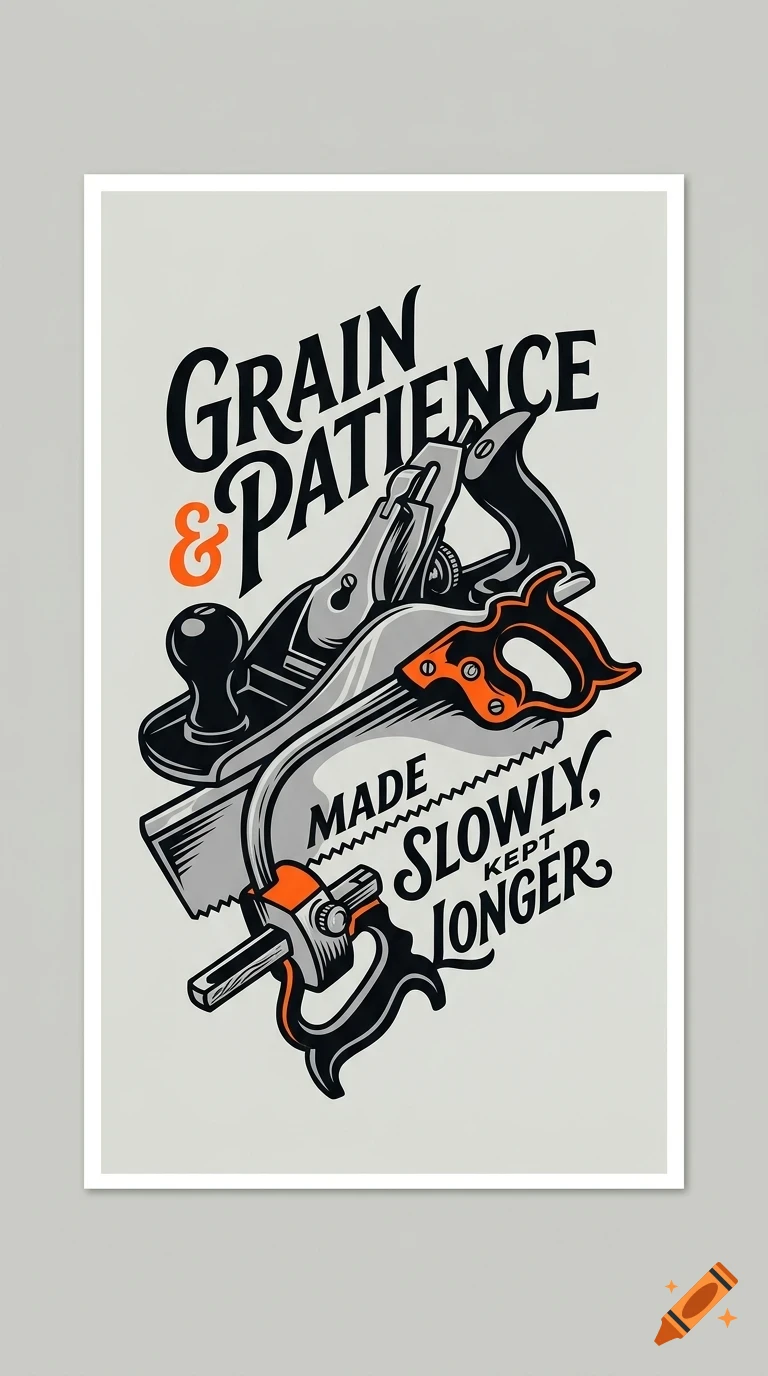 A poster featuring a woodworking plane and a coping saw, accompanied by the text "Grain & Patience" and "Made slowly, kept longer" in a vector style.