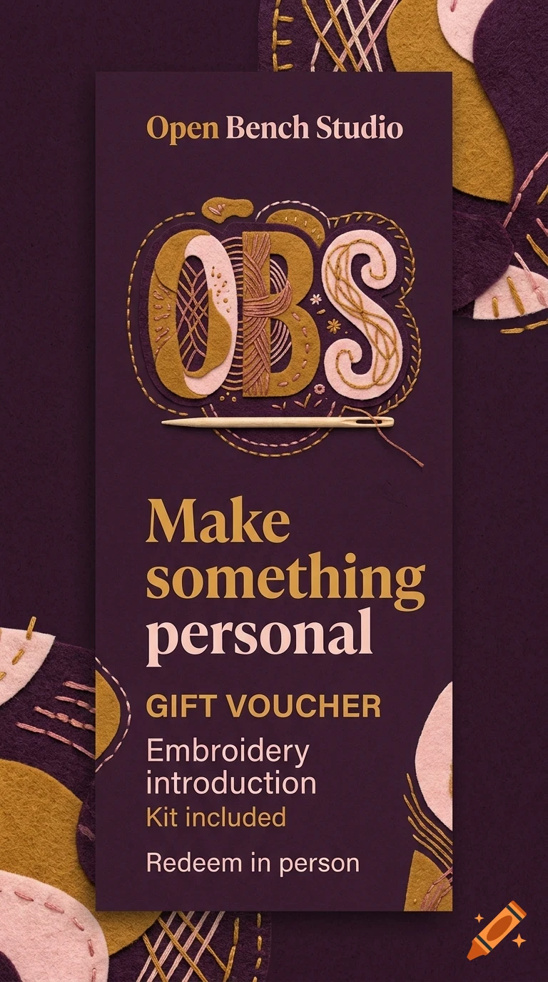 A purple gift voucher for Open Bench Studio featuring embroidery-themed lettering and a needle.