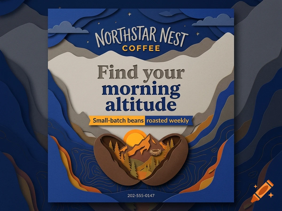 A layered paper-cut style graphic for Northstar Nest Coffee featuring mountains, trees, and split coffee beans with the text 'Find your morning altitude'.