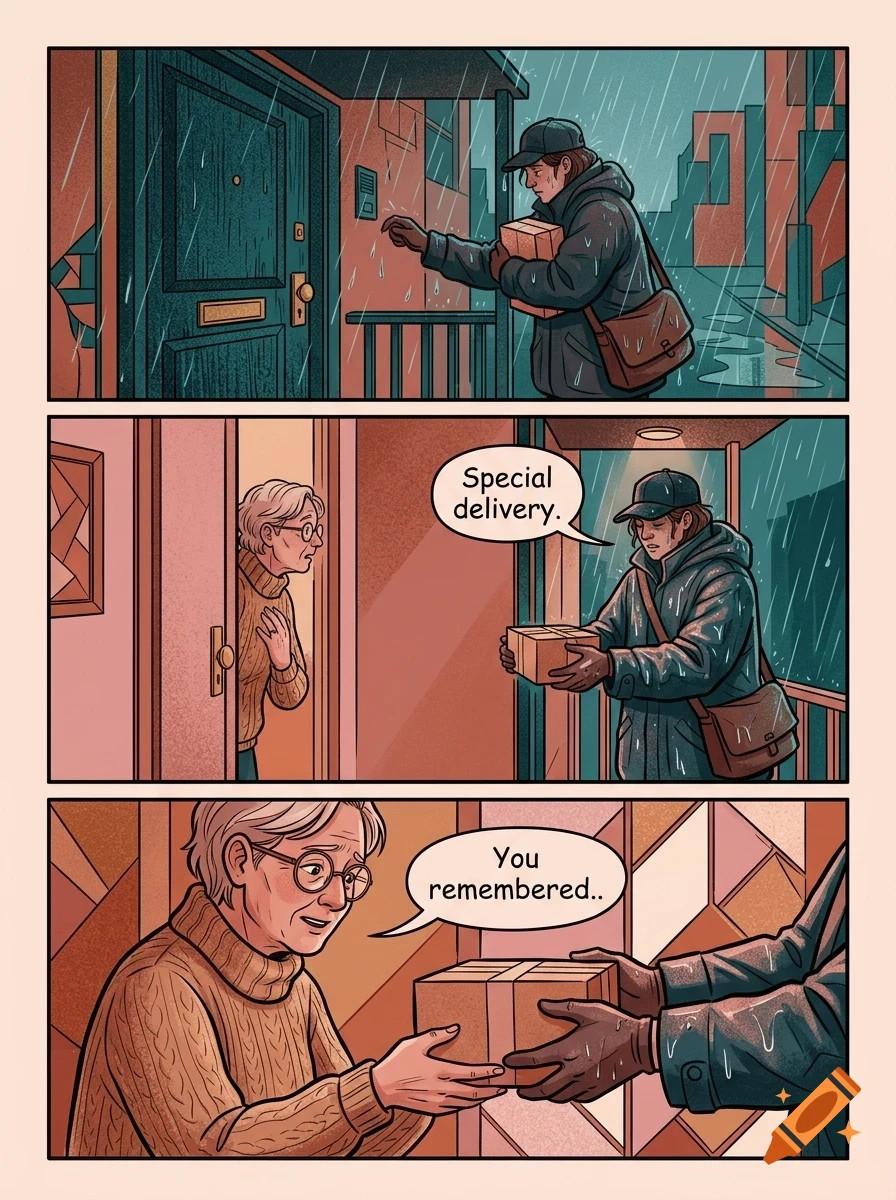 A comic strip showing a courier delivering a package to an elderly woman in the rain, with speech bubbles saying 'Special delivery.' and 'You remembered..'