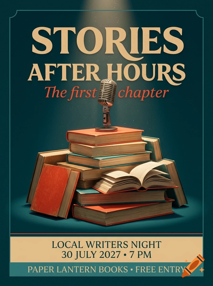 A poster for Stories After Hours featuring a stack of books with a vintage microphone on top, under a spotlight on a dark teal background.