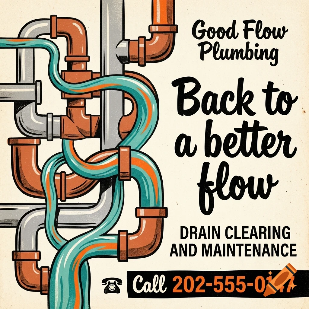 An illustrated poster for Good Flow Plumbing featuring a maze of interconnected copper, silver, and teal pipes alongside promotional text and a phone number.