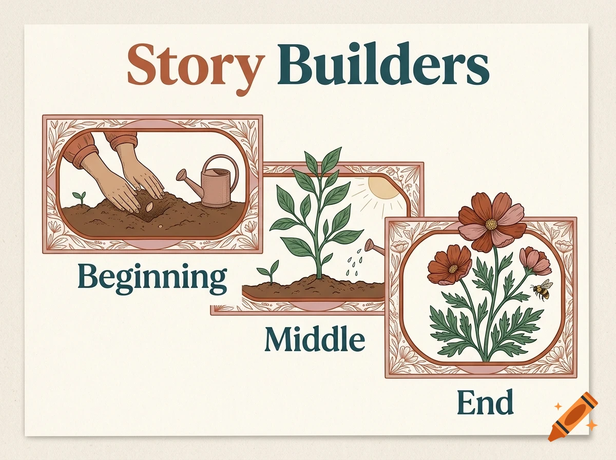 An educational diagram titled 'Story Builders' showing the plant growth cycle in three framed panels labeled Beginning, Middle, and End.