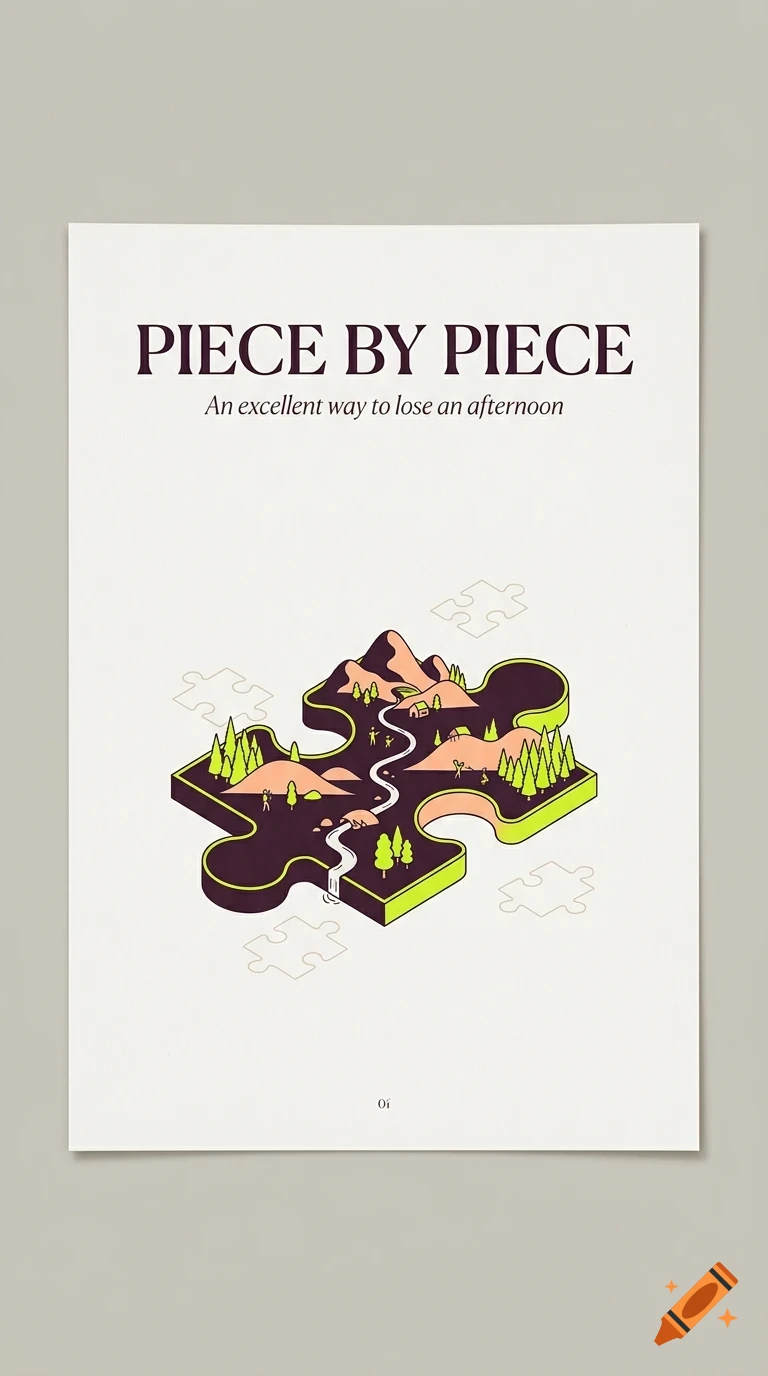 A poster with the title PIECE BY PIECE and a graphic of a single 3D puzzle piece containing a landscape with mountains, trees, and a winding river.