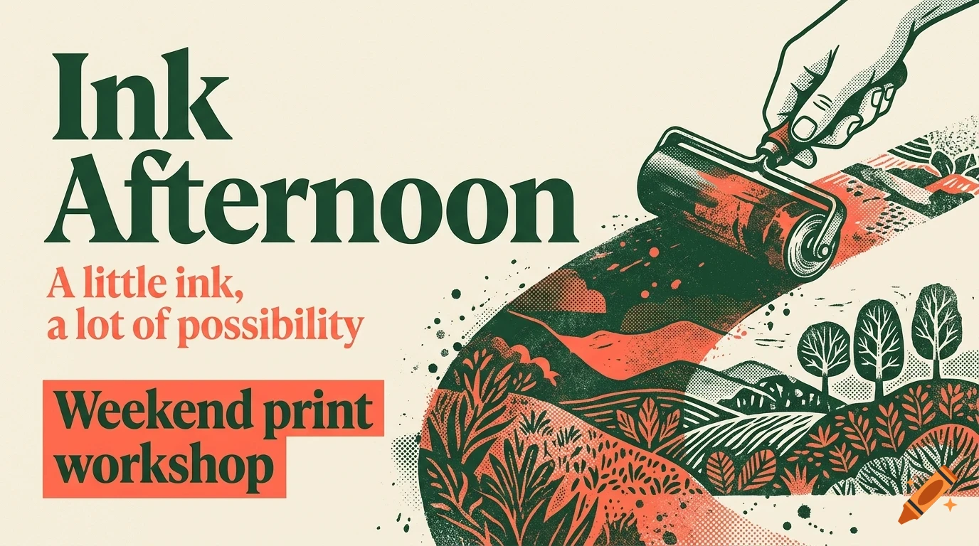 A poster with the text Ink Afternoon, showing a hand rolling red and green ink over a landscape design.