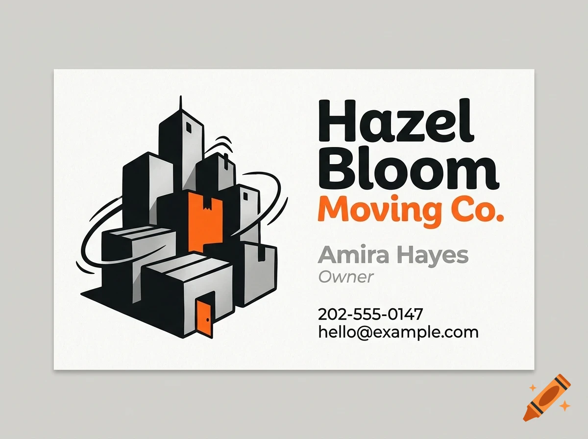 A business card design for Hazel Bloom Moving Co. with an illustration of boxes stacked like a city skyline and contact information.