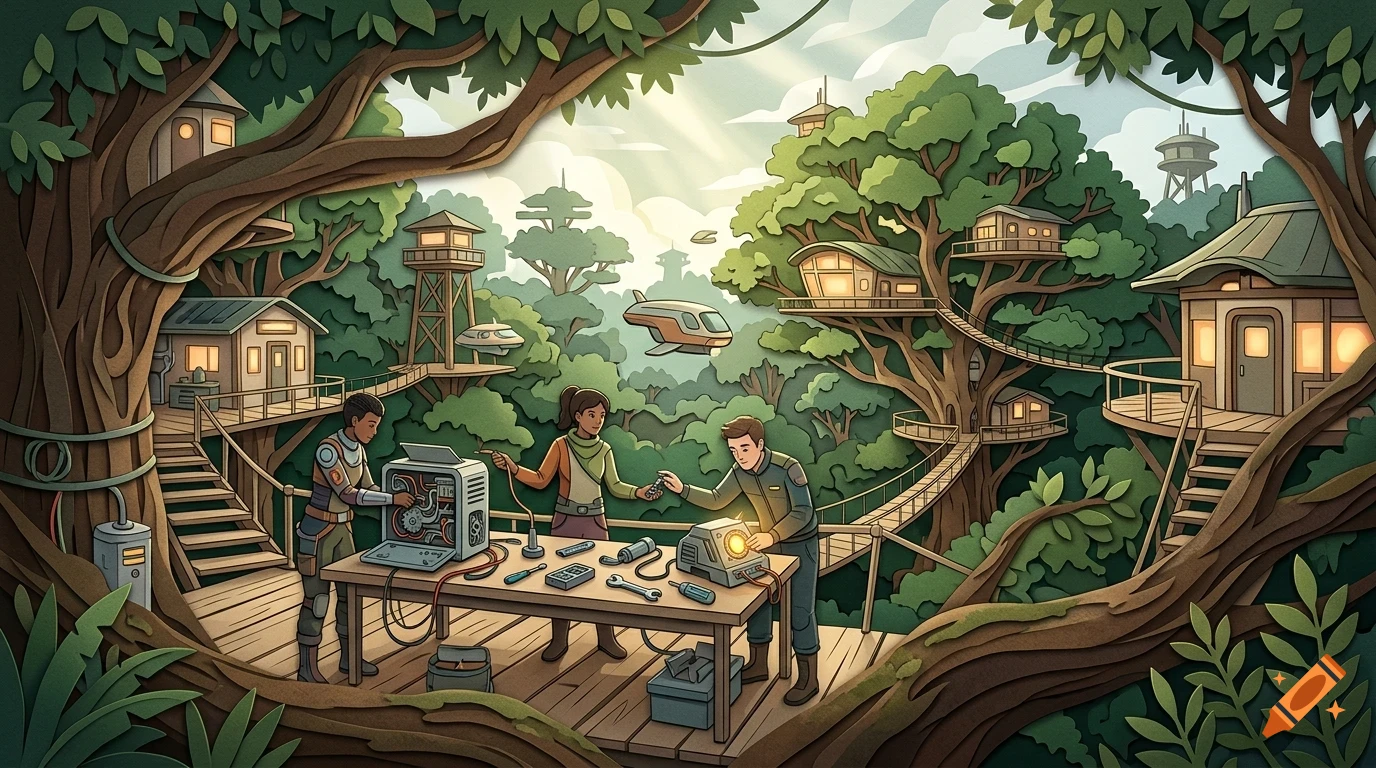 Three people work on electronics at a wooden table in a futuristic treehouse village with flying vehicles.