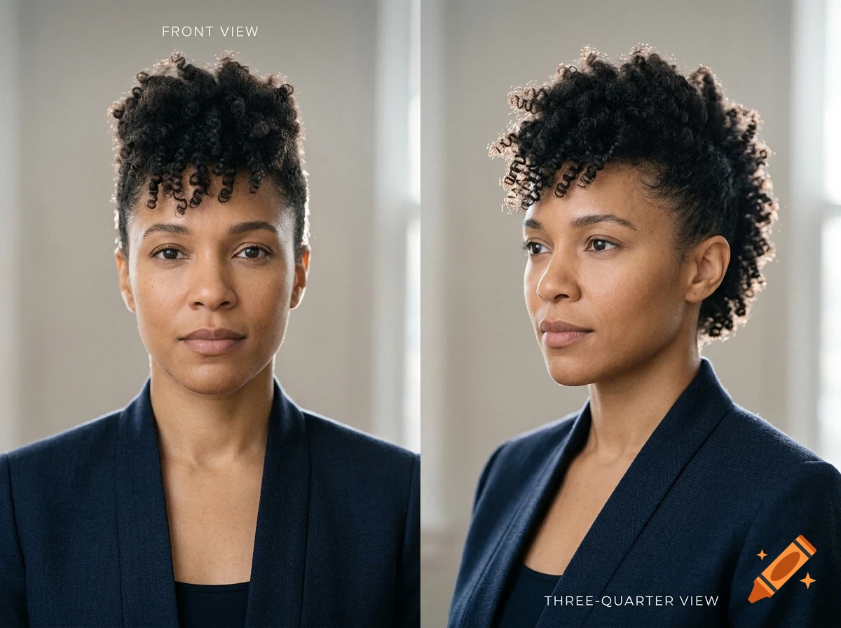 Front and three-quarter view portraits of a woman with short dark curly hair wearing a dark blue blazer.