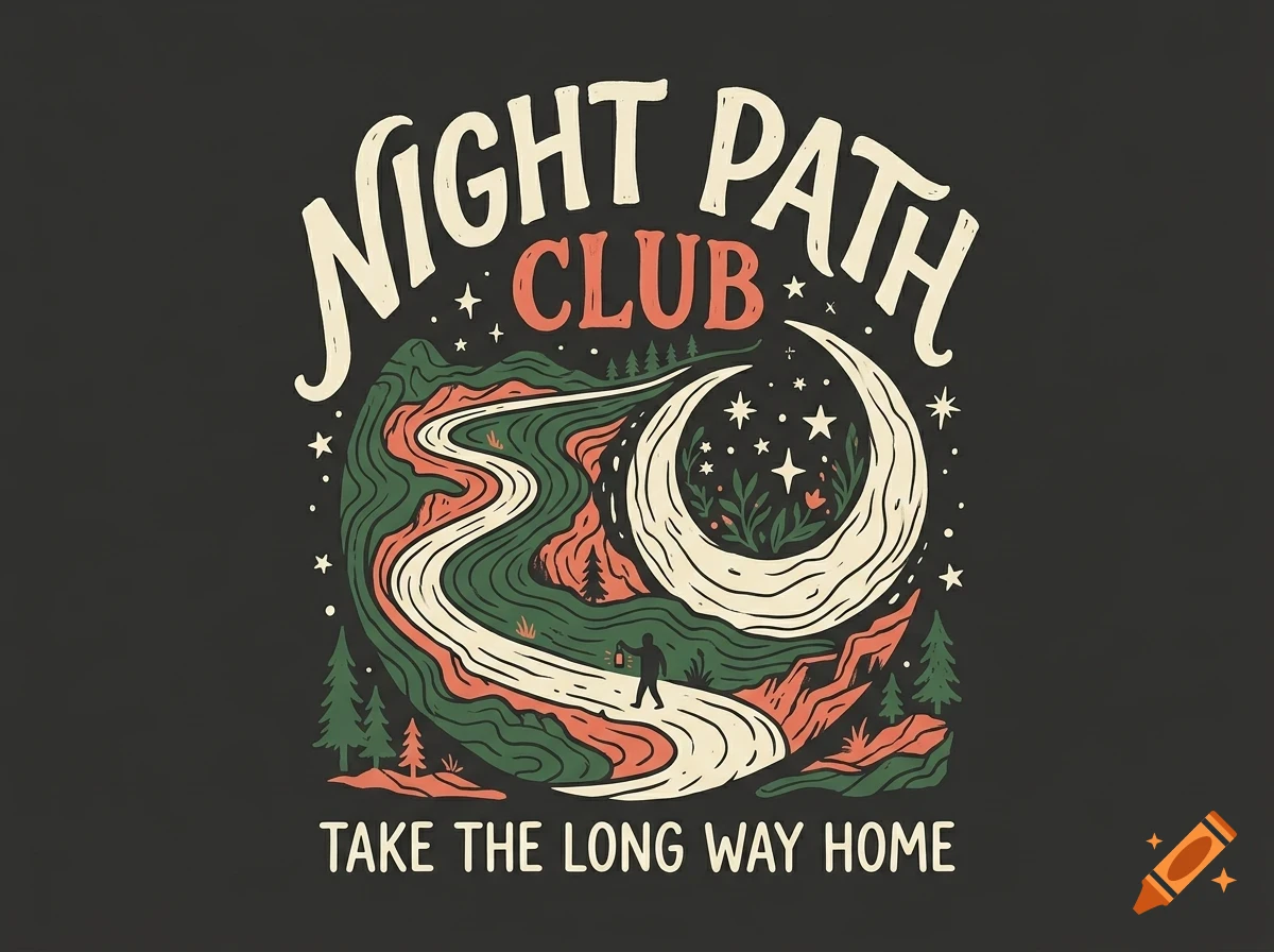 An illustration with text reading "NIGHT PATH CLUB" and "TAKE THE LONG WAY HOME", showing a winding path through mountains, trees, and a crescent moon with stars.