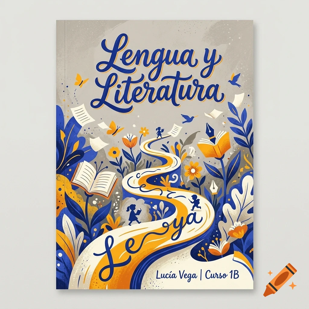 An illustrated book cover with blue and orange botanical and literary elements surrounding a winding path and Spanish text.