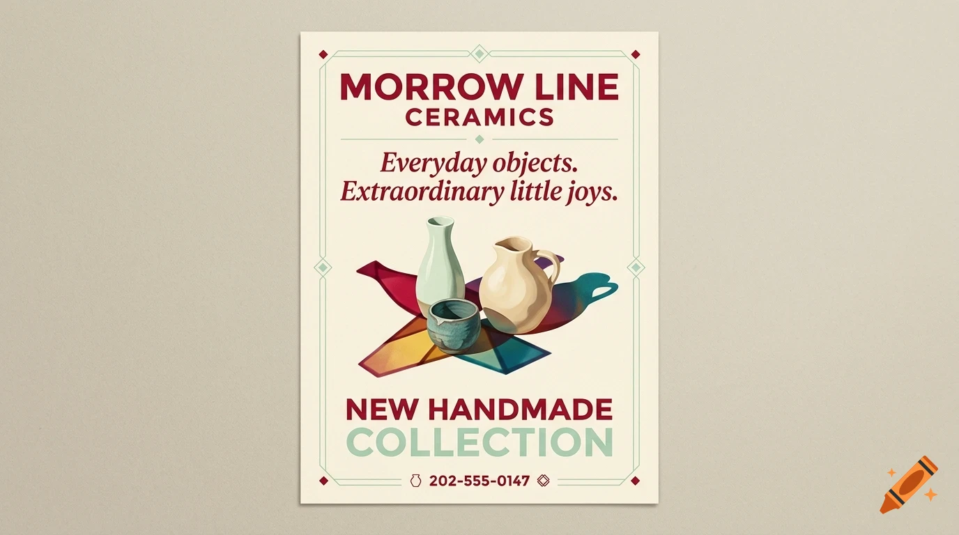 An advertisement poster for Morrow Line Ceramics featuring three ceramic vessels and text.