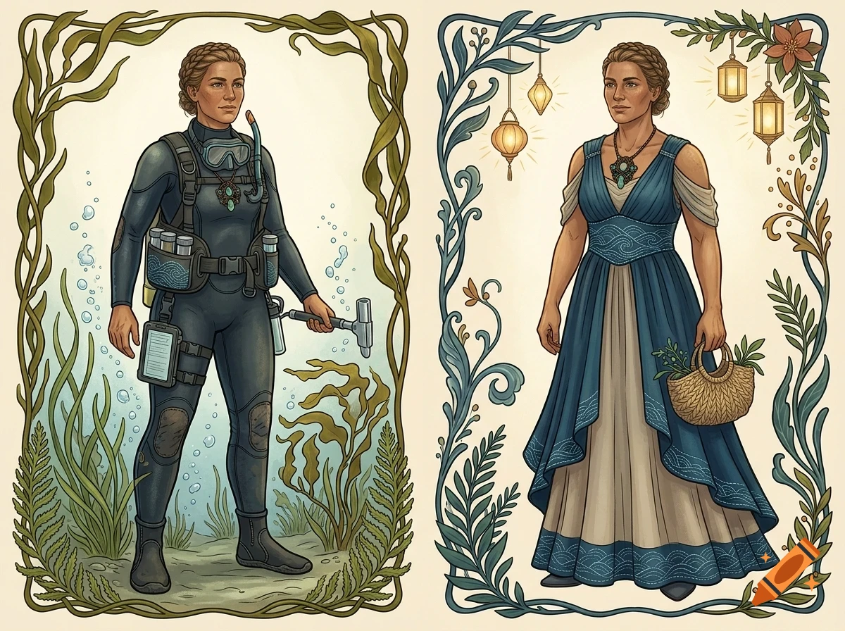 Illustration showing two panels of the same woman in different attire, one in a scuba diving suit with seaweed framing, the other in a blue gown with floral and lantern framing.