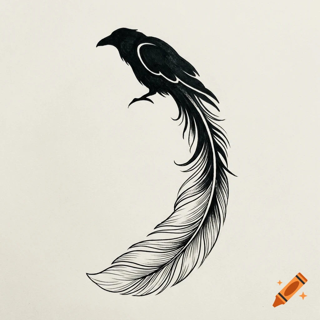 An ink illustration of a black bird with a long flowing tail feather.