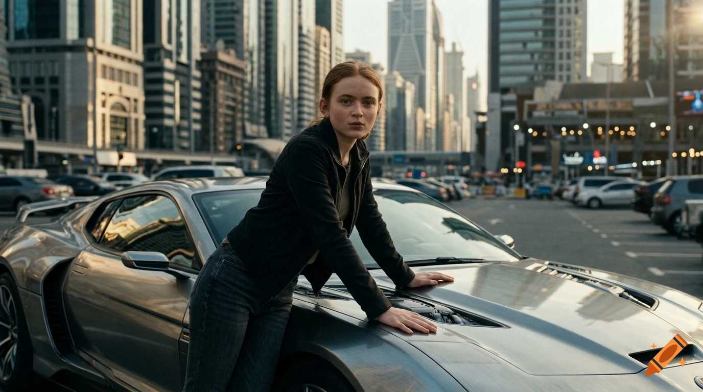 Photorealistic image of a woman leaning against a silver sports car parked on a city street with skyscrapers in the background.