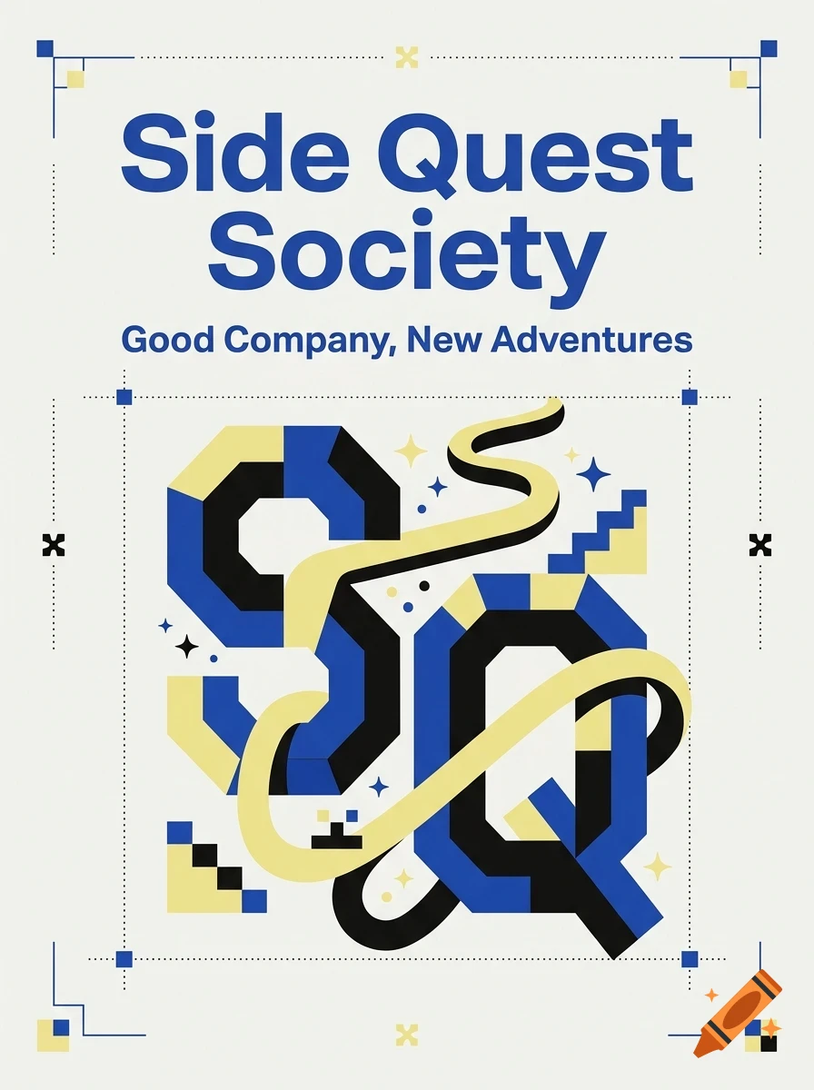 A poster featuring the text Side Quest Society and geometric lettering SQ in blue, black, and yellow.