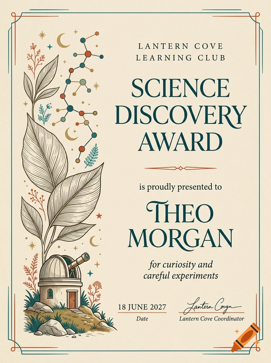 A certificate titled Science Discovery Award with scientific illustrations, leaves, an observatory, and a constellation pattern on a cream background.