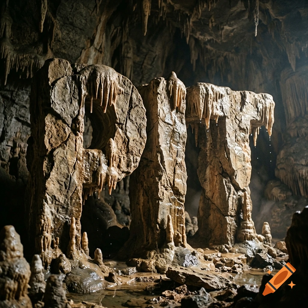 Photorealistic cave interior with stalagmites forming the word PIT from rugged rock letters.