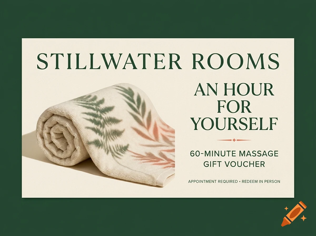 A gift voucher for Stillwater Rooms featuring a rolled towel with a leaf pattern and the text AN HOUR FOR YOURSELF.