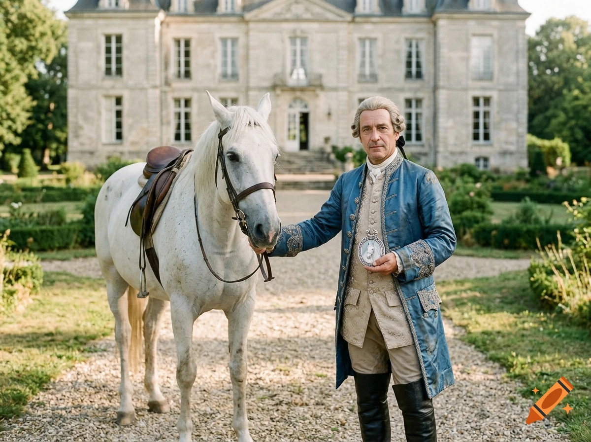 A man in 18th-century blue attire holding a small medallion, standing next to a white horse in front of a grand chateau.