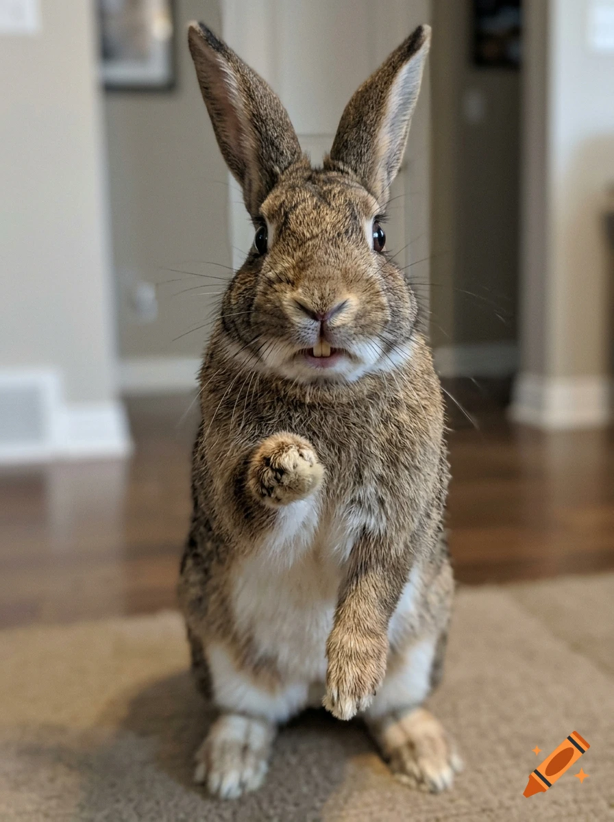 Close-up photorealistic shot of a brown rabbit standing on its hind legs, pointing forward with one paw and looking alert.