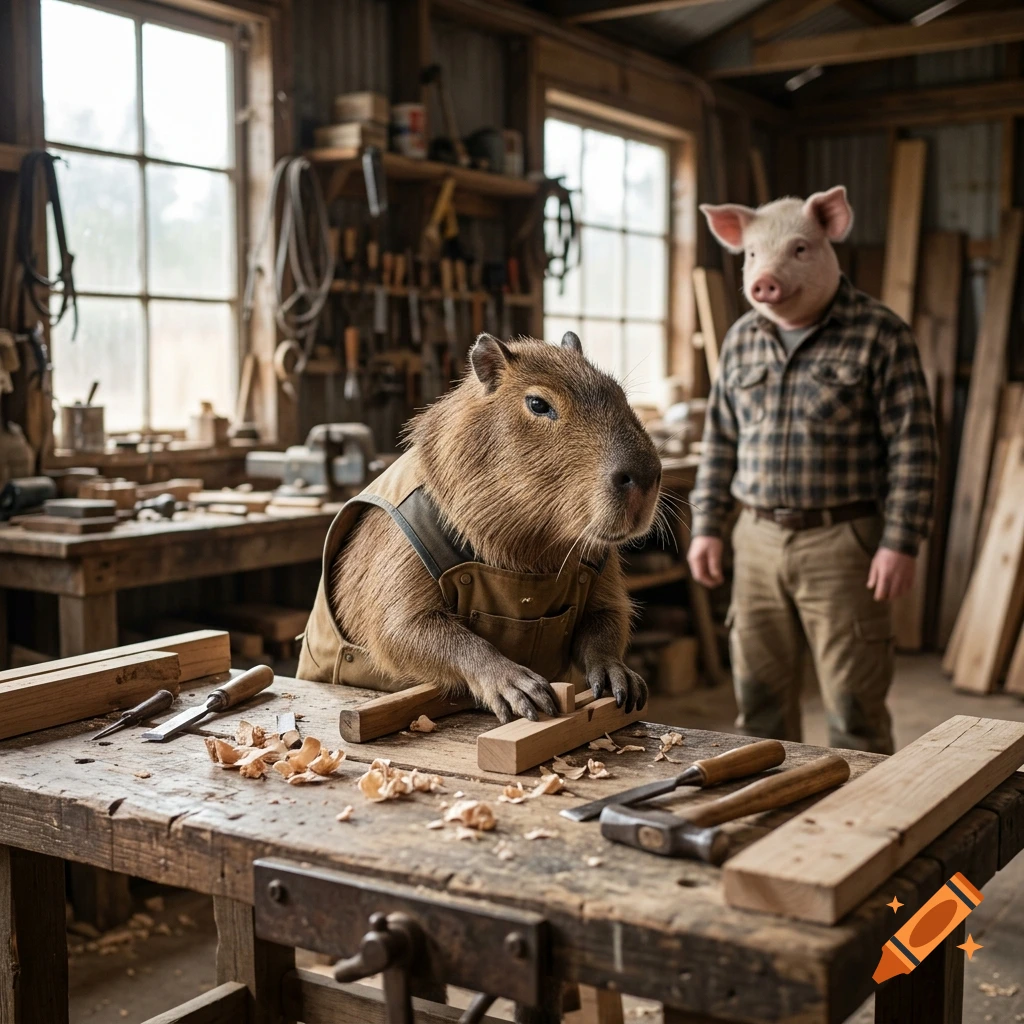 Photorealistic image of a capybara wearing overalls working in a rustic woodworking shop, watched by a person with a pig head.