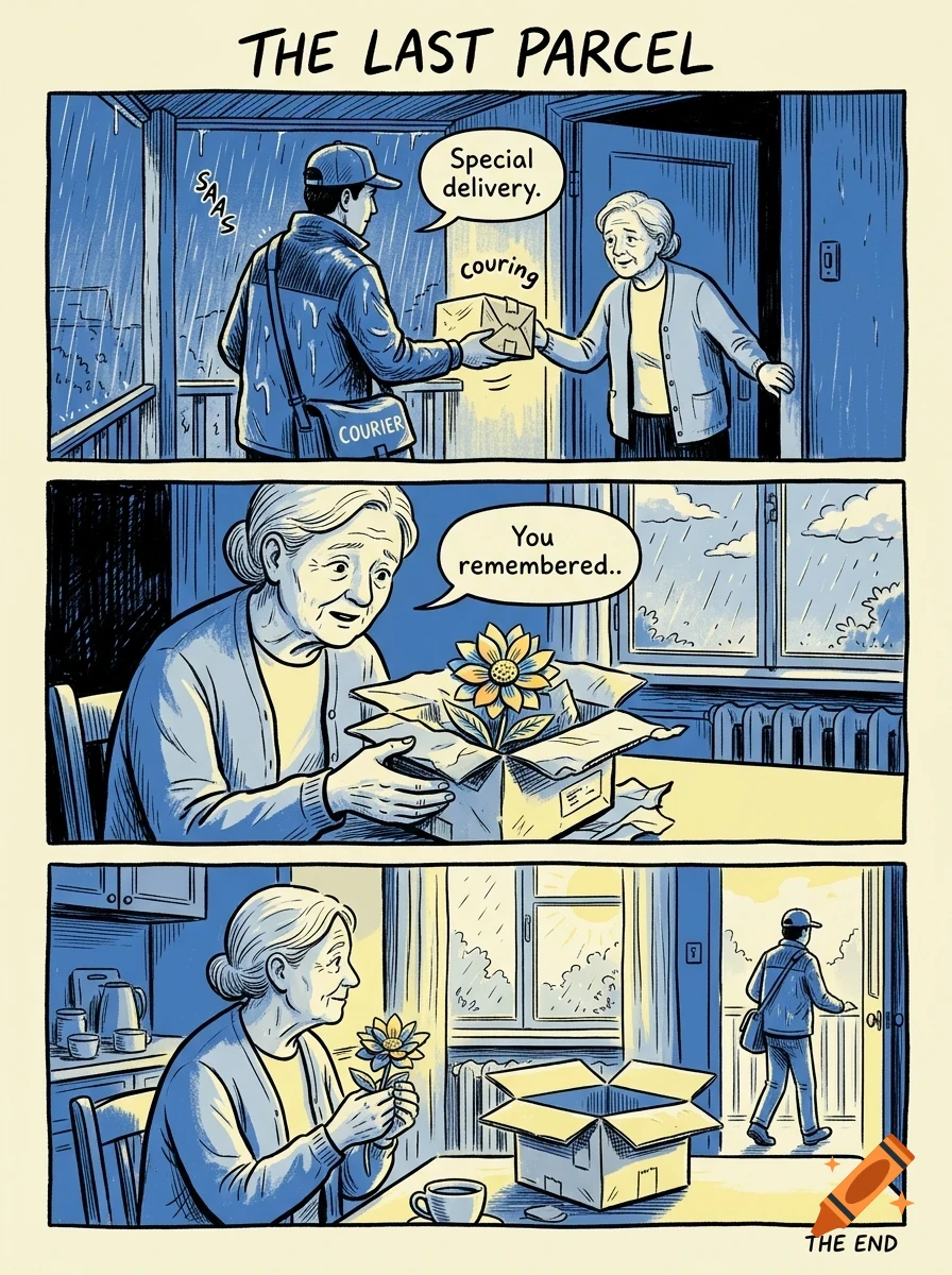 A three-panel comic strip showing a courier delivering a package containing a flower to an elderly woman.