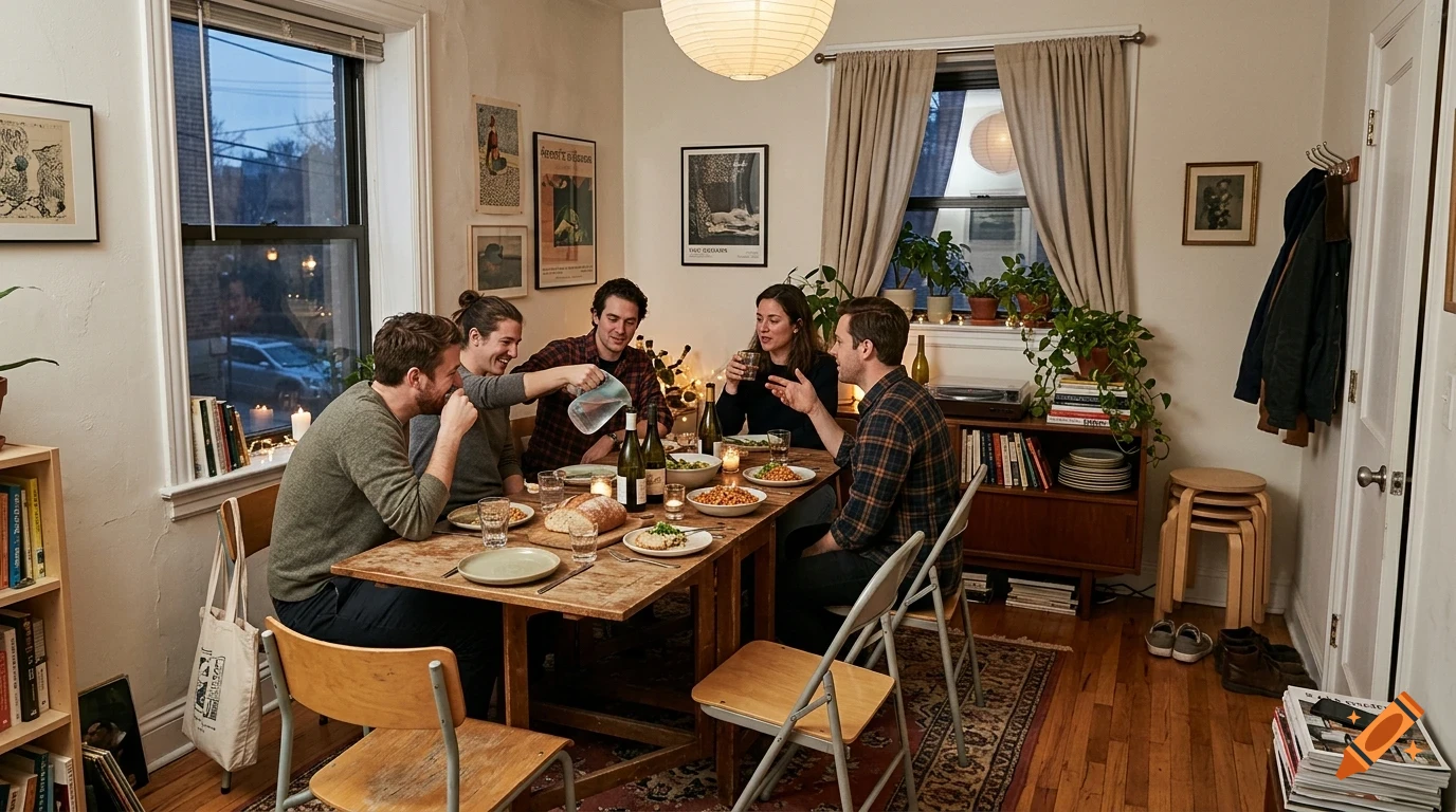 A group of five friends gathered around a wooden dining table in a cozy apartment, sharing a meal and drinks.
