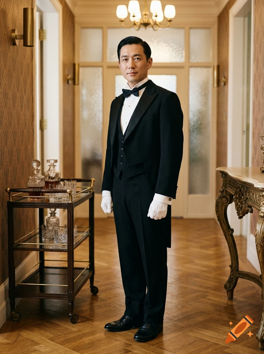Full-length photorealistic portrait of an elegant butler in a vintage tuxedo standing in a hallway.