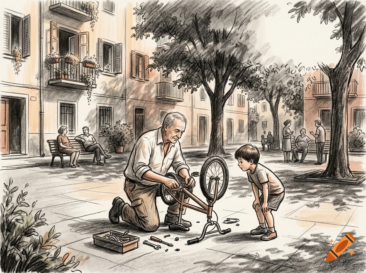 An older man fixing a bicycle for a young boy on a city street, drawn in an ink and pencil style.