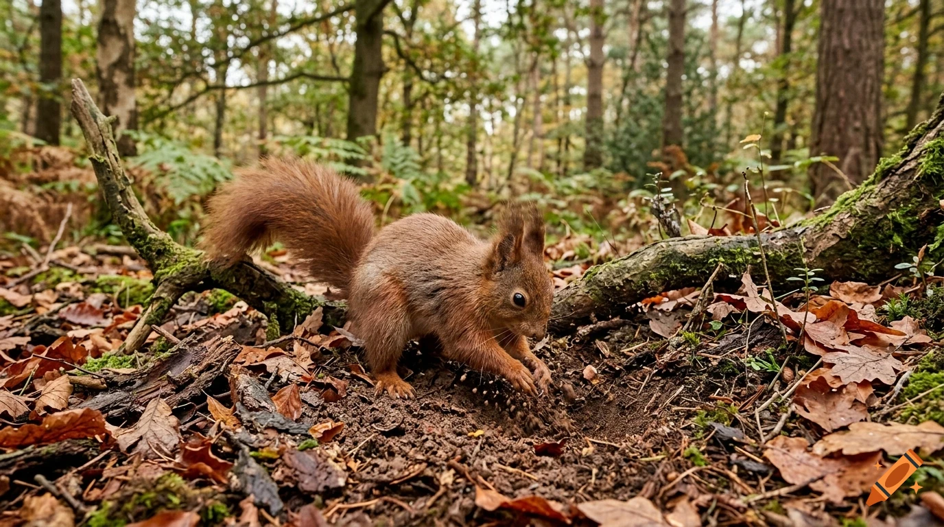 A red squirrel digs in the dirt among fallen leaves in a forest.