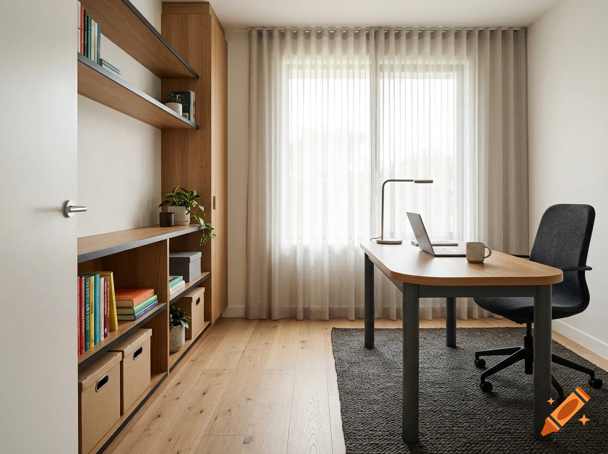 A well-lit modern home office with a wooden desk, black office chair, laptop, desk lamp, and built-in wooden shelving units.