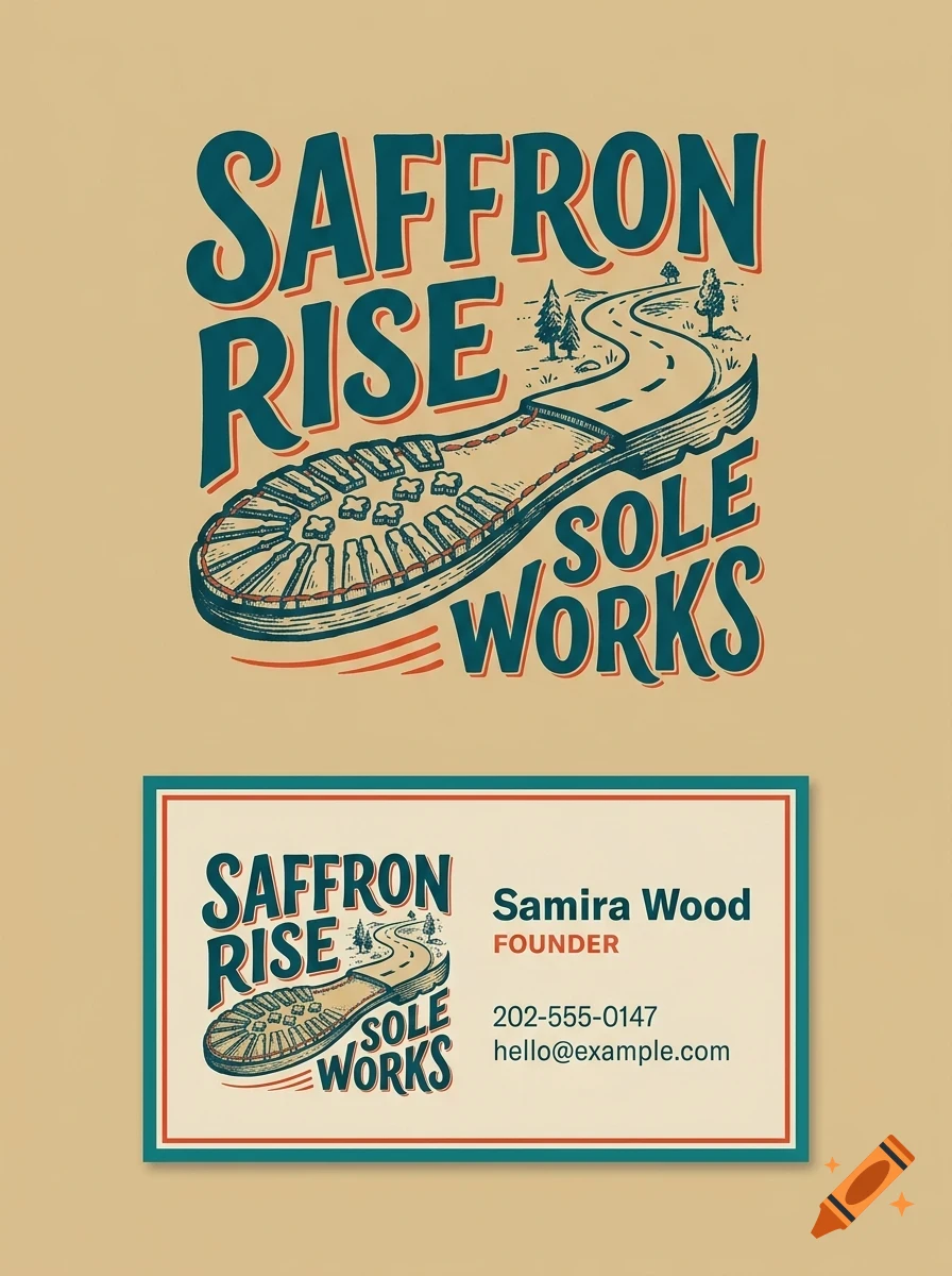 An illustrated logo and business card featuring the text Saffron Rise Sole Works, a boot sole, and a winding road.