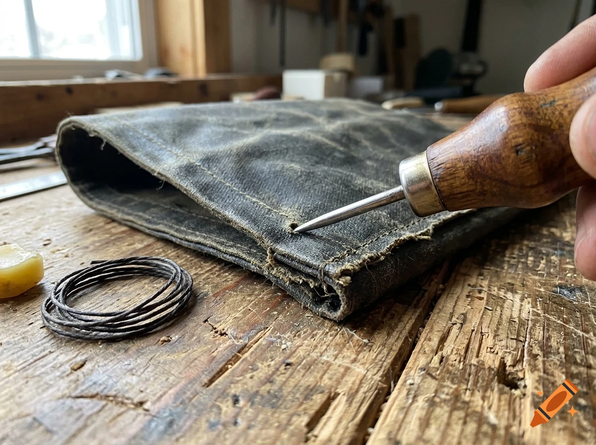 A person uses an awl to pierce a hole in a folded piece of dark fabric on a wooden workbench, with wax and thread nearby.