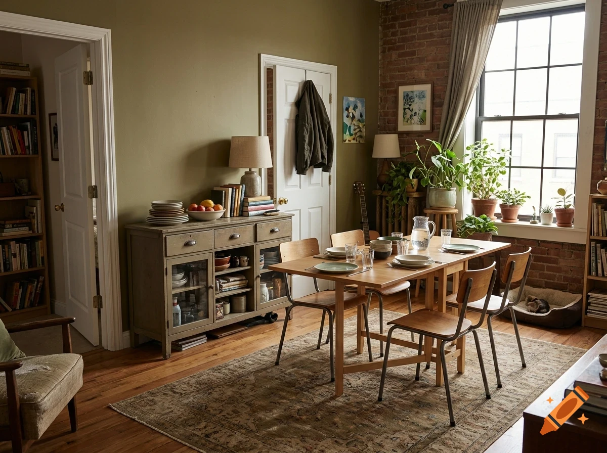 An interior shot of a cozy dining room and living space with a wooden dining table, chairs, a buffet cabinet, bookshelf, and potted plants by a large window.