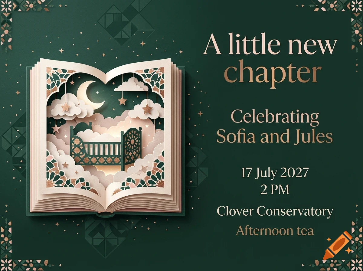 An invitation card featuring an open pop-up book with a cradle, moon, and stars, alongside text celebrating Sofia and Jules on 17 July 2027.