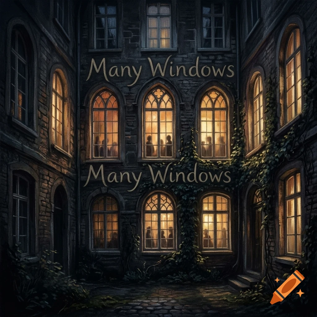An old stone building at night with many arched windows glowing with warm light, and the text "Many Windows" overlaid.