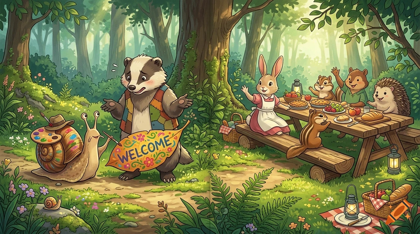 An illustrated woodland scene showing a badger holding a welcome sign, a snail painting, and various anthropomorphic animals having a picnic at a wooden table in a forest.