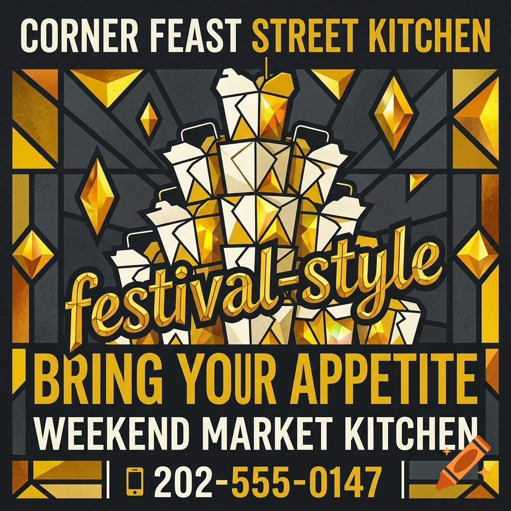 A poster with black, white, and gold geometric designs, featuring text including CORNER FEAST STREET KITCHEN and festival-style BRING YOUR APPETITE.