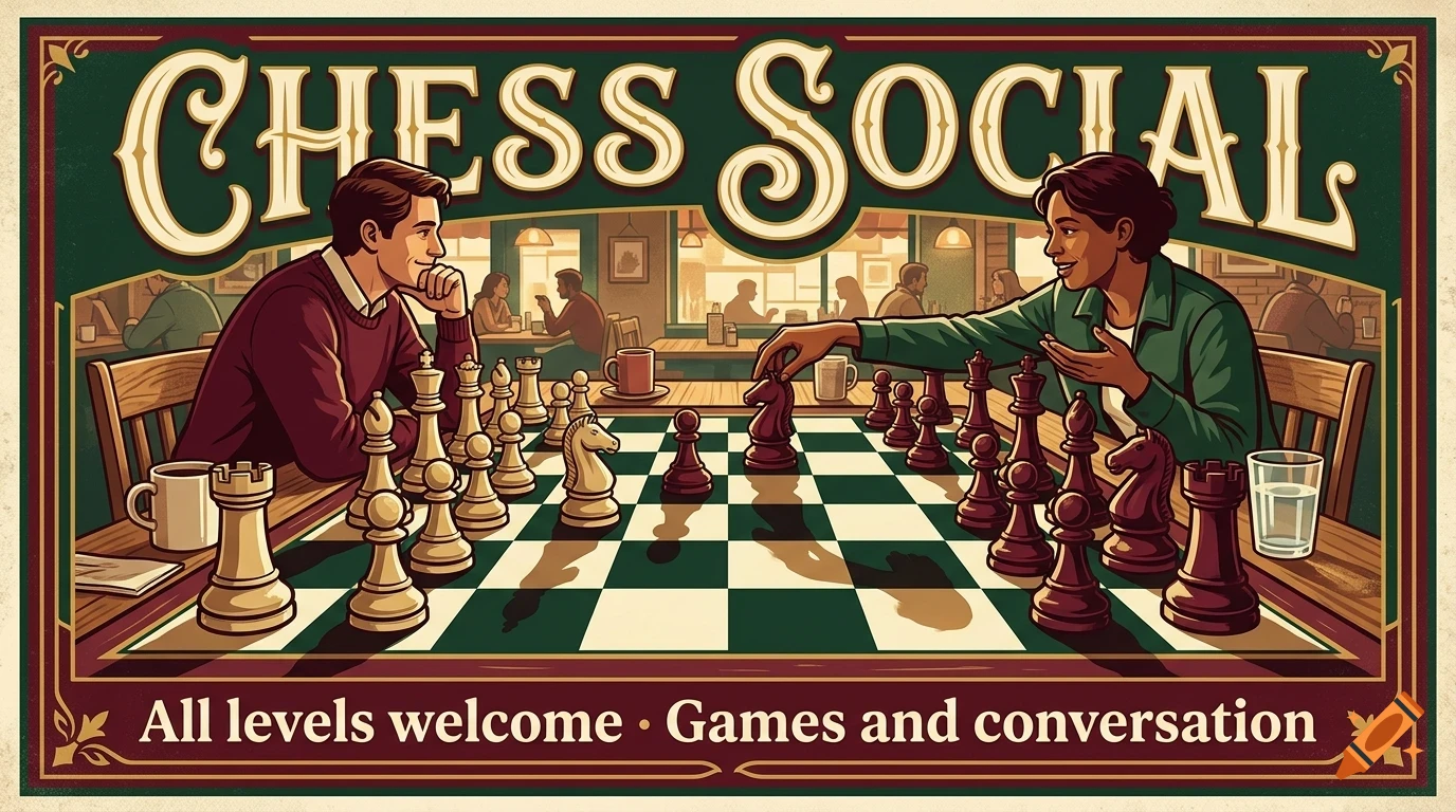 An illustrated poster for CHESS SOCIAL featuring two people playing chess in a cafe, with the text All levels welcome · Games and conversation.