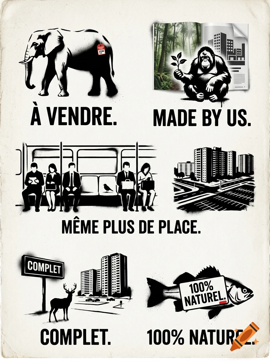 A poster with six black and white stencil illustrations and captions critiquing human impact on nature, in the style of Banksy.