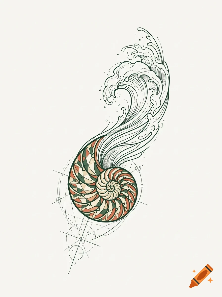 An artistic line drawing of a nautilus shell transitioning into a crashing wave with geometric construction lines.