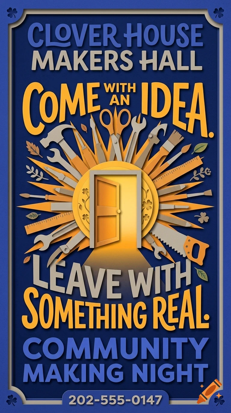 A poster featuring typography and layered paper-craft style illustrations of tools radiating from an open door.