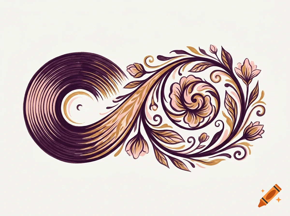 An infinity symbol shaped design featuring swirling purple and pink floral motifs and leaves.