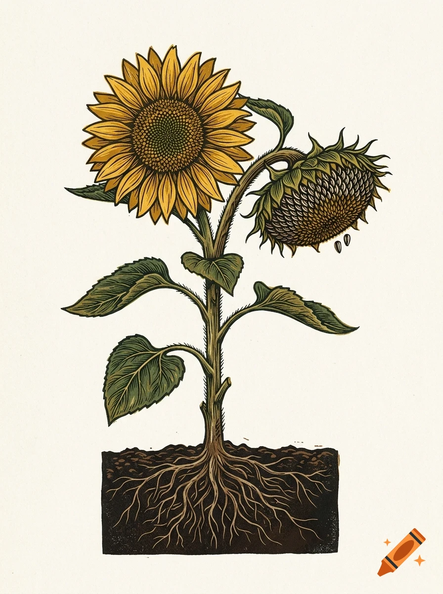 An illustrated diagram of a sunflower plant showing its roots in soil, stem, green leaves, one blooming yellow flower, and one drooping flower dropping seeds.