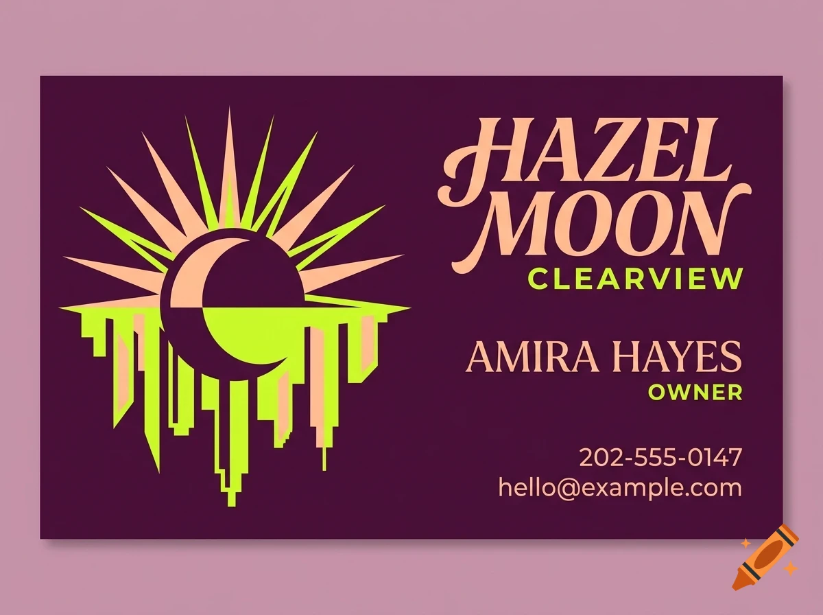 A business card with a purple background, featuring a logo of a sun, moon, and skyline on the left, and text including names and contact details on the right.