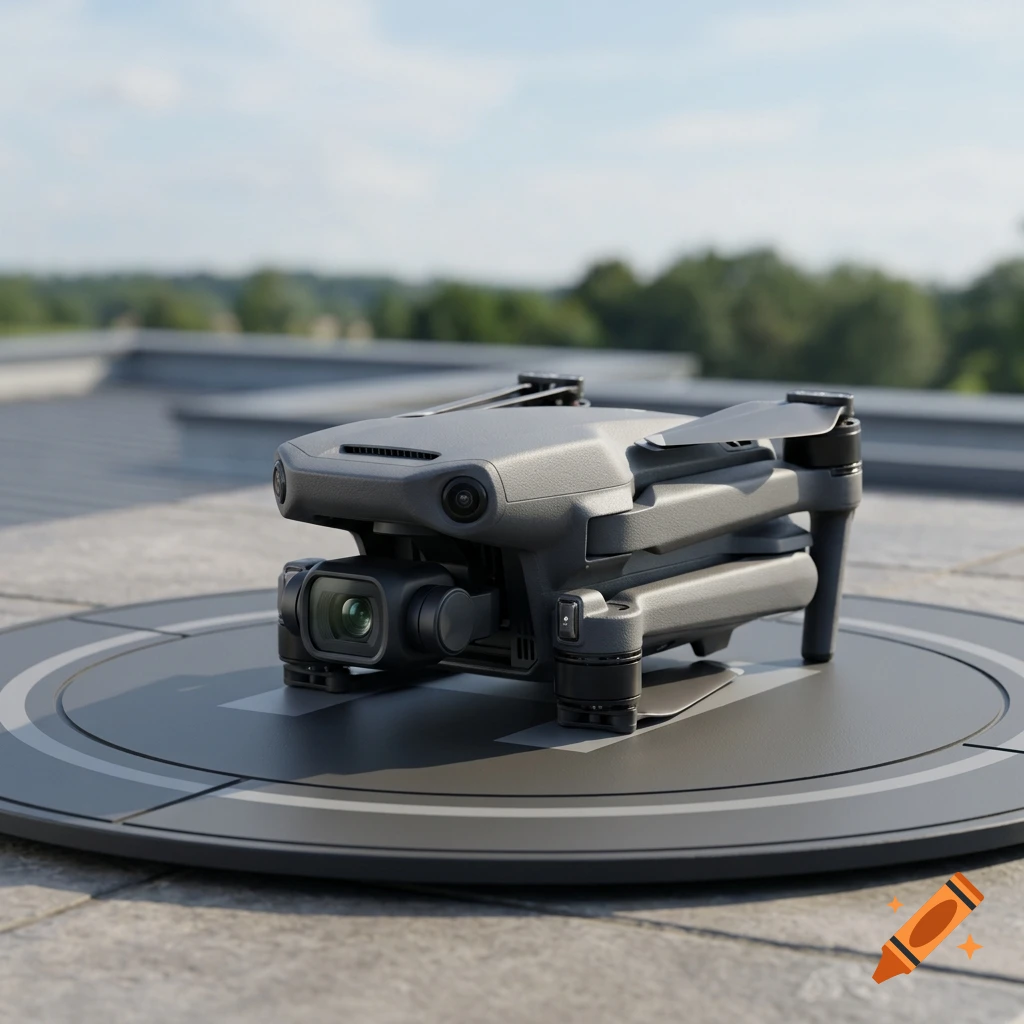 Photorealistic image of a grey drone sitting on a landing pad on a rooftop with trees in the background.